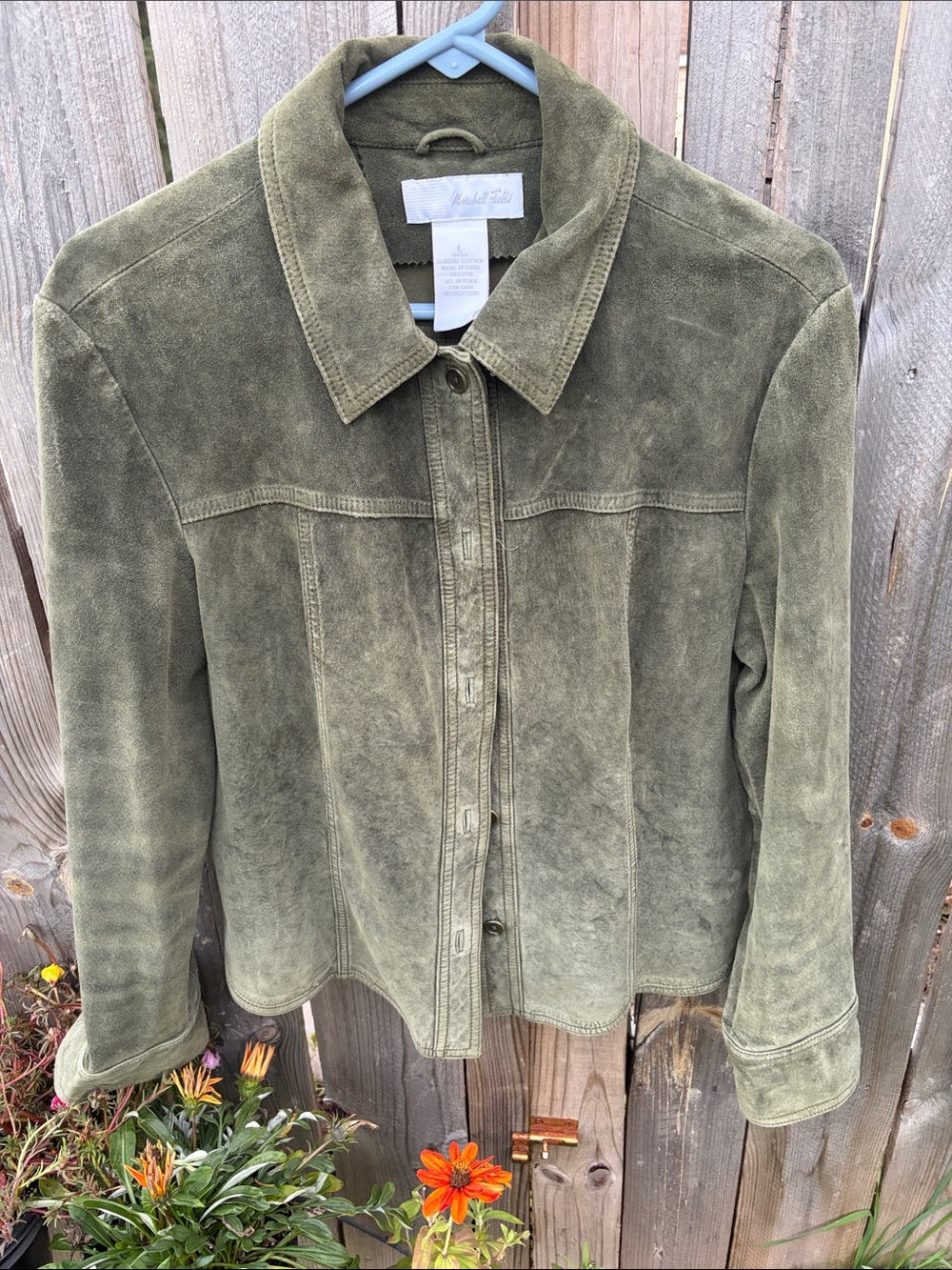 Marshall Fields Olive Suede Button-Front Shirt Jacket